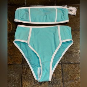 Strapless, high waisted, blue and white bikini set never worn size small